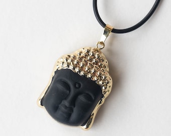 Peaceful Frosted Glass Buddha Pendant Beads - Black Matte with Gold Colored Metal - 1 Pendant