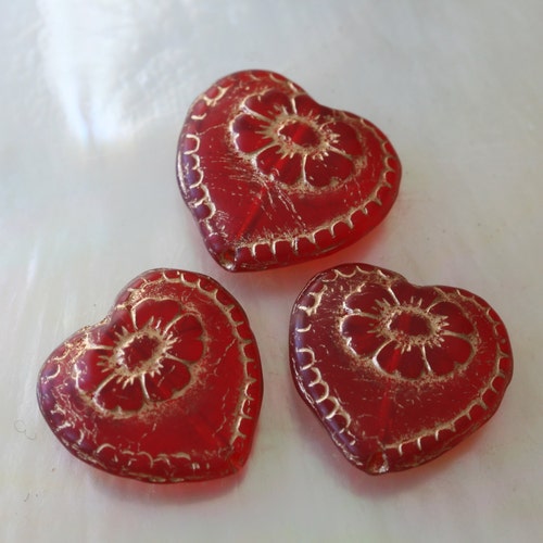 Czech Glass Victorian Heart Bead Red Valentine Heart Beads Etsy
