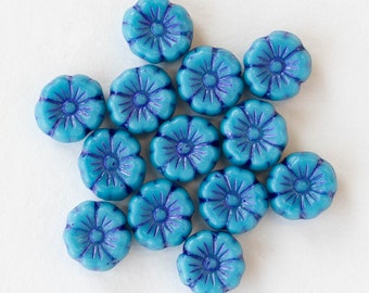 8mm Glass Flower Beads - Czech Glass Beads - Blue with Periwinkle Wash - 20 beads