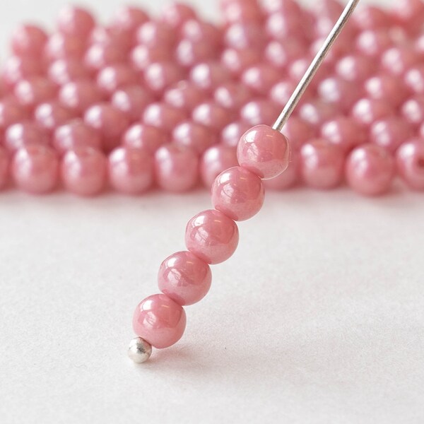 100 - 4mm Round Glass Beads 6mm Beads For Jewelry Making Supply - 4mm Druk Beads - Czech Glass Beads - Opaque Pink Luster - 100 Beads