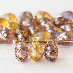 6x9mm Smooth Glass Teardrop Beads For Jewelry Making - Czech Glass Tear Drop - Gold Dust Beads  (25 pieces) Gold Dust