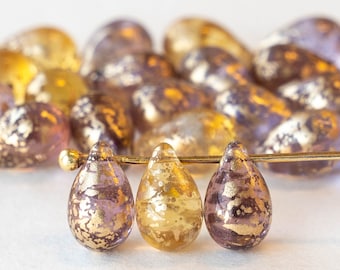 6x9mm Smooth Glass Teardrop Beads For Jewelry Making - Czech Glass Tear Drop - Gold Dust Beads  (25 pieces) Gold Dust