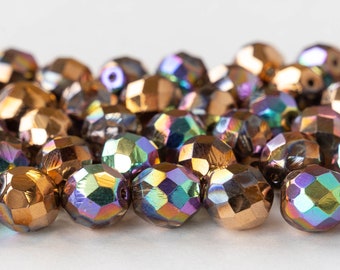 10mm Round Firepolished Bead - Czech Glass Beads For Jewelry Making -  Bronze and Gold Iris - 20 Beads