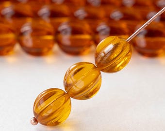 10mm Melon Bead - Czech Glass Beads For Jewelry Making Supply - Fluted 10mm Round  Beads - Czech Melon Beads (20 pieces)  Amber