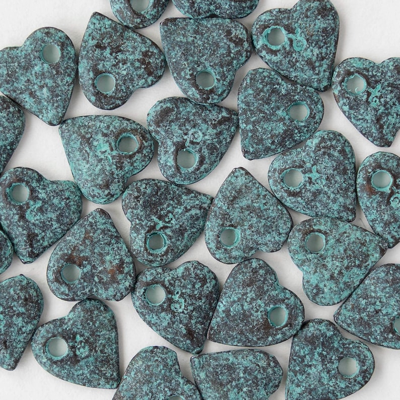 11mm Mykonos Green Patina Heart Pendants For Jewelry Making - 2mm Hole - Choose Amount image 2