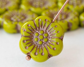 18mm Anemone Beads - Czech Flower Beads For Jewelry Making - Czech Glass Beads - Opaque Lime Green with Copper wash