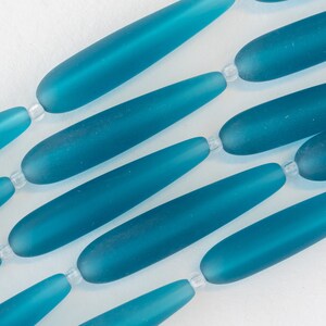 10 Teardrops Cultured Sea Glass Beads Long Drill Teardrop Beads For Jewelry Making TEAL Frosted Beads 38x8mm image 3