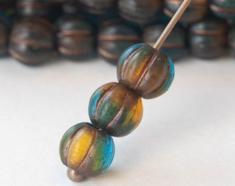 6mm, 8mm Melon Bead - Czech Glass Beads For Jewelry Making - Large Hole Melon Beads - 3mm Hole - Teal Amber Mix With Copper Wash