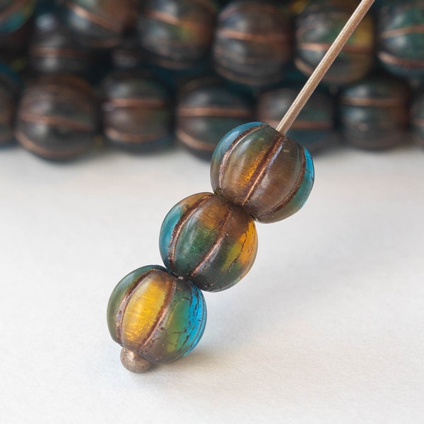 6mm, 8mm Melon Bead - Czech Glass Beads For Jewelry Making - Large Hole Melon Beads - 3mm Hole - Teal Amber Mix With Copper Wash