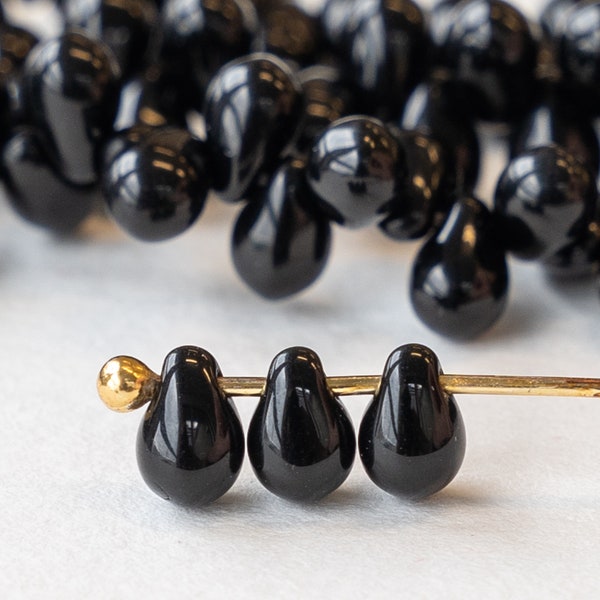 100 - 4x6mm Glass Teardrop Beads  Opaque Jet Black - Czech Glass Beads - 100