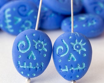 Silly Scary Face beads - Czech Glass Beads - Periwinkle Blue - 6 beads