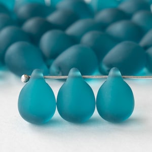 10x14mm Sea Glass Teardrop Beads - Frosted Glass Beads - Teal Matte Glass Beads 14x10mm - Choose Amount