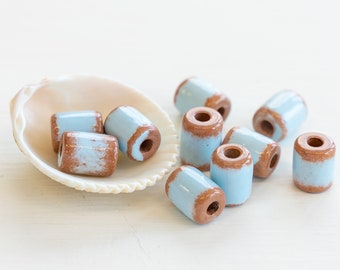 11x8mm Ceramic Tube Beads from Mykonos Greece - Large Hole - Beads For Jewelry - Baby Blue with Tera Cotta - Choose Amount