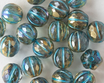 12 - 8mm Faceted Round Melon Beads - Transparent Glass with Gold Luster and Turquoise - 12 beads