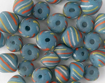 8mm Glass Java Tube Beads - Blue with Stripes - Whole or Half Strand