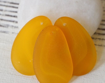 Sea Glass Beads - Jewelry Making Supplies - Frosted Glass Beads - 32x20mm Sea Glass Pendant - Yellow