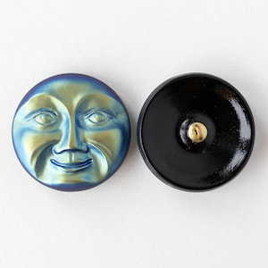Large Moon Face Buttons - Czech Glass Buttons - Celestial Man In The Moon - Craft Supplies - Blue Green Matte - 31mm button - 1 Button