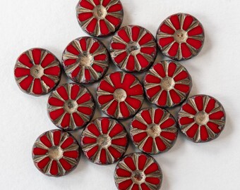 12mm Sunflower Coin Beads - Czech Glass Coin Beads - Opaque Red with Matte Gold Wash - 10 Beads