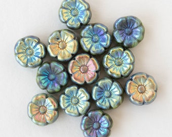 9mm Glass Flower Beads - Czech Glass Beads - Opaque Green AB  - 20 beads