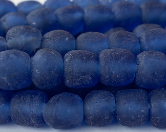 14mm Round Glass Beads From Ghana Africa - Recycled Glass - Slate Blue - 10 inches