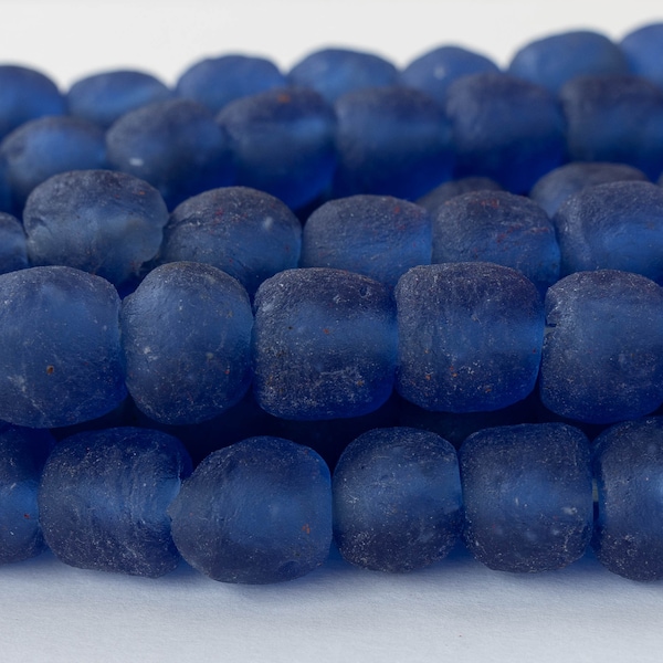 14mm Round Glass Beads From Ghana Africa - Recycled Glass - Slate Blue - 10 inches