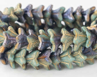 6x9mm Bell Flower Beads - Czech Glass Beads - Sea Green with Etched and Copper Finishes and Gold Wash - 30 Beads