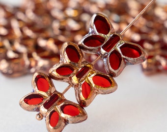 19mm Table Cut Butterfly Beads For Jewelry Making - Czech Glass Beads - Red with Iridescent Copper - 4 beads