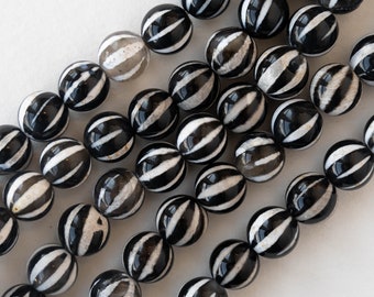 8mm Black and White Agate Melon Beads Gemstone Beads - 15 Inches