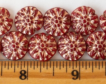 瞳花 Matte Dark Red Czech Hibiscus Glass Flower Beads, Gold