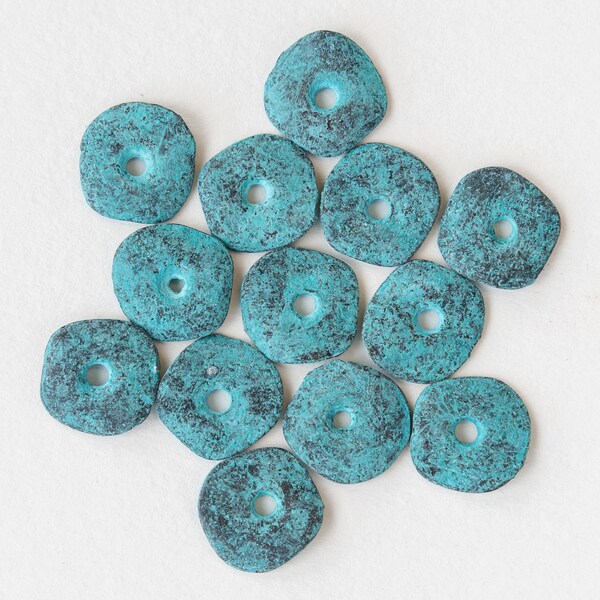 15mm Mykonos Beads - Green Patina Disk Beads For Jewelry Making - Choose Amount