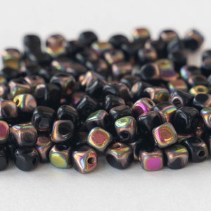 100 - 3.5mm Glass Cube Beads - Czech Glass Beads - Black with a Marea Coat - 100 beads