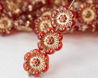 10 - 14mm Anemone Flower Beads - Czech Glass Beads - Red with Gold Wash - 10 Beads