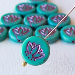 14mm Lotus Flower Coin Bead - Czech Glass Beads - Yoga Beads - 14mm Coin Bead - Opaque Turquoise with Pink Wash - 6 beads