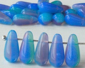 30 - Long Top drilled Glass Teardrop Beads - Czech Glass Beads - Pressed Glass Beads - 6x13mm - Mixed Opaline Pink Blue and Lavender - 30