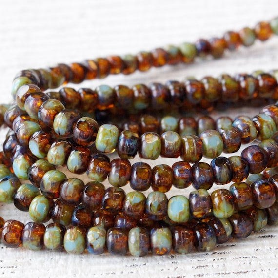 50 Size 6/0 Seed Beads 4x3mm Trica Beads 3 Cut Seed Beads for Jewelry Making  Amber and Seafoam With a Picasso Finish 6 Inches 