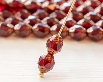 16 - 8x6mm Czech Cathedral Beads - Firepolished Prop Beads - Red with Gold Finish