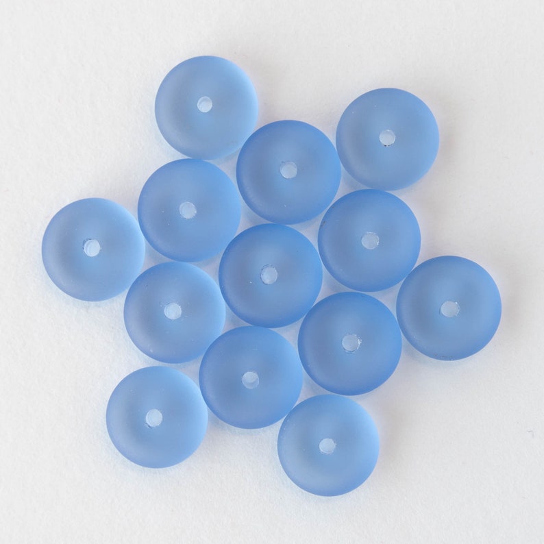 Sea Glass Rondelle Cultured Sea Glass Beads Jewelry Making Frosted Glass Bead Faux Sea Glass Sapphire Blue 28 beads 12x5mm image 4