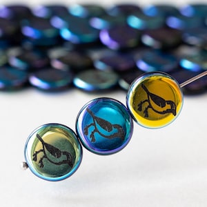 8 - 14mm Glass Coin Beads - Czech Glass Beads - Iridescent Mix with Black Laser Etched Bird - 8 beads
