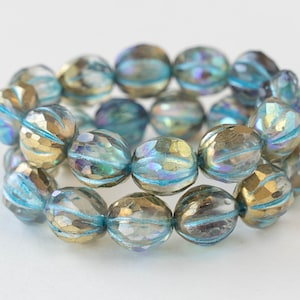 10mm Faceted Melon Beads 10mm Round Beads Czech Glass Beads Transparent Glass with a Gold Luster and a Turquoise Finish 12 Beads image 1