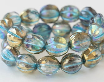 10mm Faceted Melon Beads - 10mm Round Beads - Czech Glass Beads -Transparent Glass with a Gold Luster and a Turquoise Finish - 12 Beads