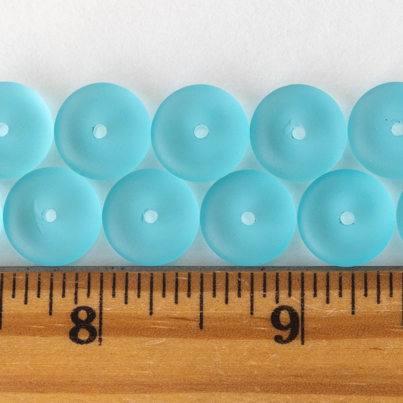 Sea Glass Rondelle Cultured Recycled Sea Glass Beads Jewelry Making Supply Frosted Glass Bead Light Aqua 28pc 12x5mm image 5