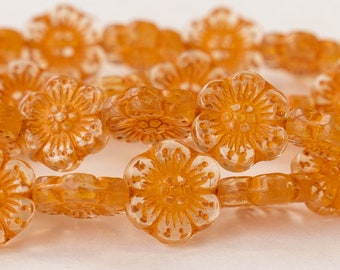10 - 14mm Anemone Flower Beads -  Orange AB - Czech Glass Beads - 10 Beads