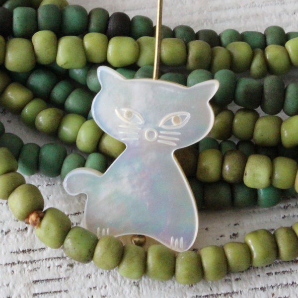 Cute Carved Mother Of Pearl Kitty Cat Beads - Shell Beads - Animal Beads - 22mm Tall - 1 Pair
