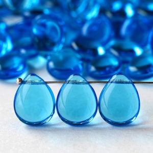 20 - Flat Teardrop Beads For Jewelry Making - Smooth Glass Briolette Beads - Czech Glass Beads -  12x16mm - Dk Aqua - 10 or 20 Beads