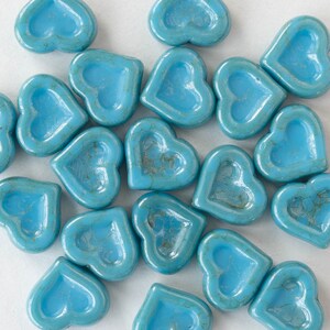 10 14mm Glass Heart Beads Czech Glass Beads 14mm Heart Turquoise with an Aqua Blue Wash 10 beads image 3