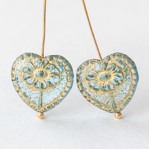 17mm Heart Beads - Czech Glass Victorian Heart Beads For Jewelry Making - Aqua With Gold Inlay - 17mm - 4 or 12 beads