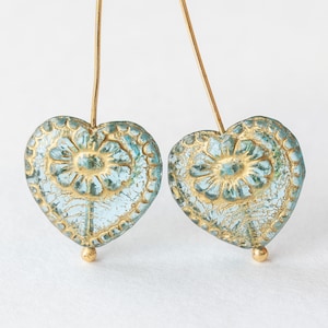 Czech Glass Heart Beads - Jewelry Making Supplies - Aqua With Gold Inlay - 17mm (4 or 10 beads)