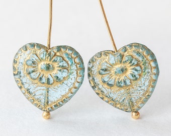 Czech Glass Heart Beads - Jewelry Making Supplies - Aqua With Gold Inlay - 17mm (4 or 10 beads)