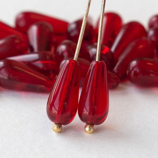 20 - 12mm Long Drill Glass Teardrop Beads For Jewelry Making - Czech Glass Beads - 6x13mm Czech Teardrop -  RubyRed Glass Beads