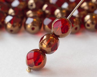 6 - 8mm Faceted Round Beads - Czech Glass Beads - Red with Bronze - 6 beads